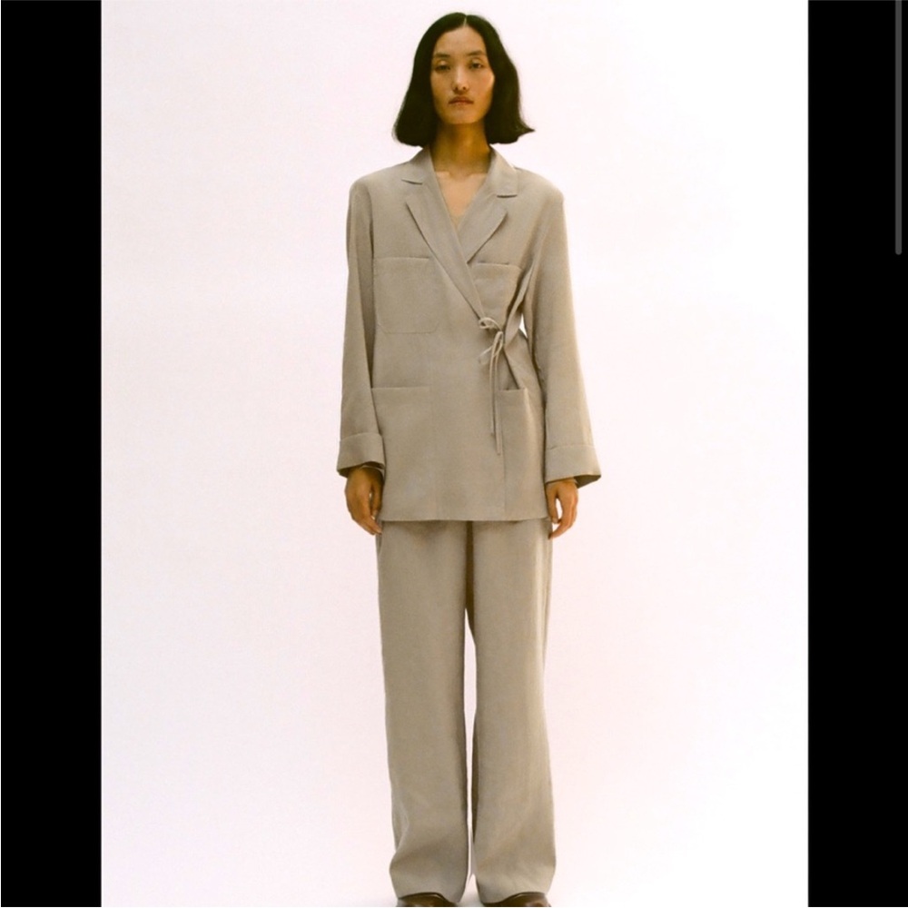 Zara kimono wrap blazer pant suit set lyocell blend set grayish beige
